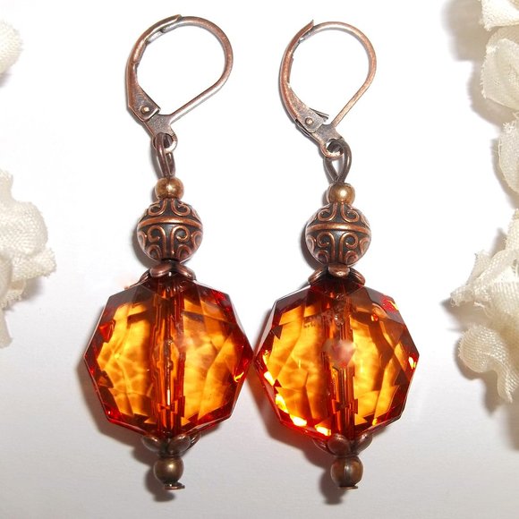 Earrings, Boho Earrings, Orange and Copper Earring, Orange Earring, Earring 8058 - Picture 1 of 8